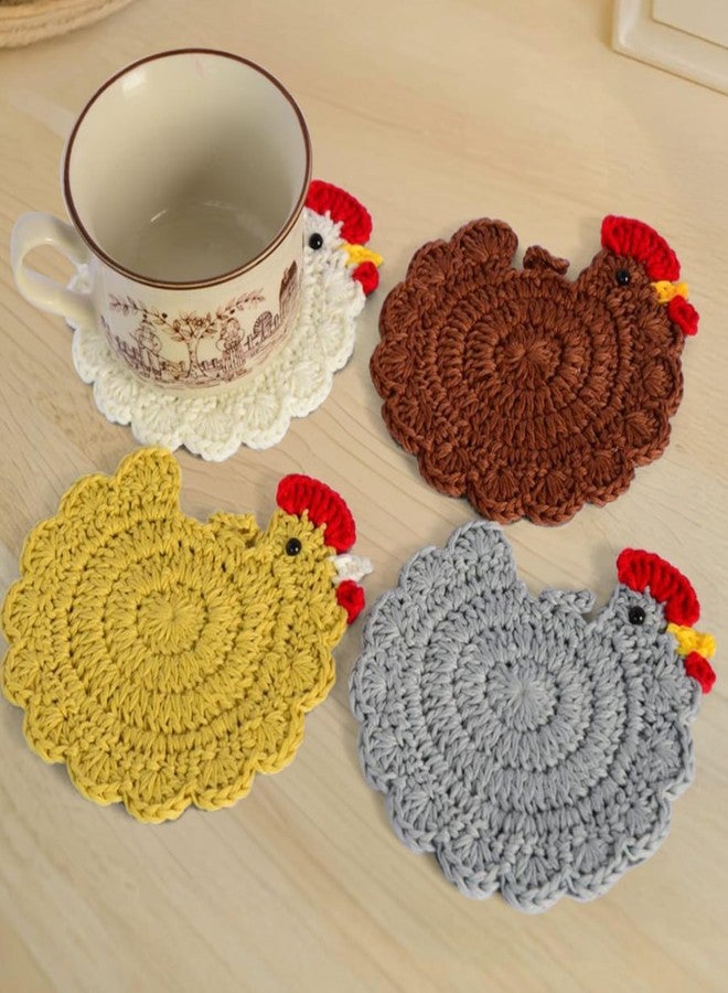 RucaDeco Handmade Crochet Chicken Coasters Set of 4 - Funny, Stuffed Animal-Themed Drink Coasters, Cute Desk Accessories, Home Decor, Tabletop Protection, Crazy Chicken Lady Must Have (Style 1) - Image 1